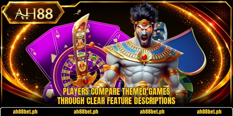 Players compare themed games through clear feature descriptions