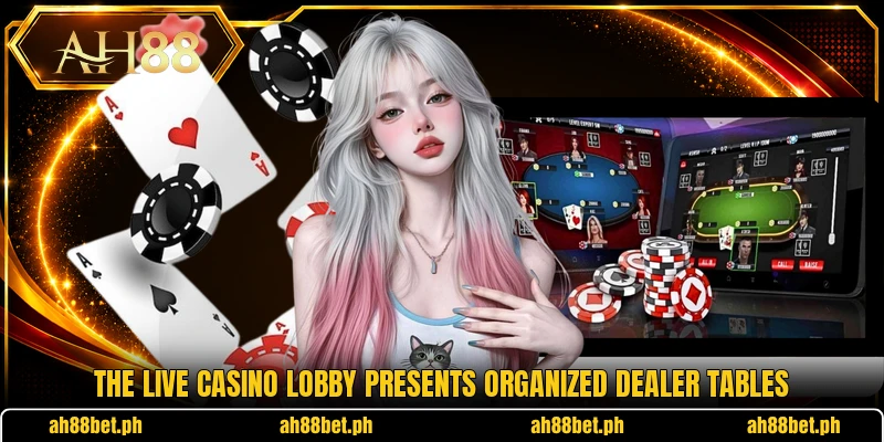 The live casino lobby presents organized dealer tables The live casino lobby presents organized dealer tables
